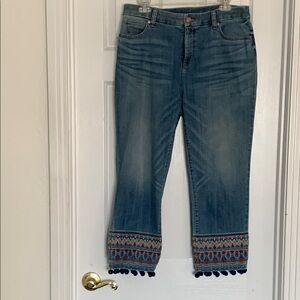 Chico's Blue Cropped Ankle Jeans with Embroidery and Pompom embellished hems